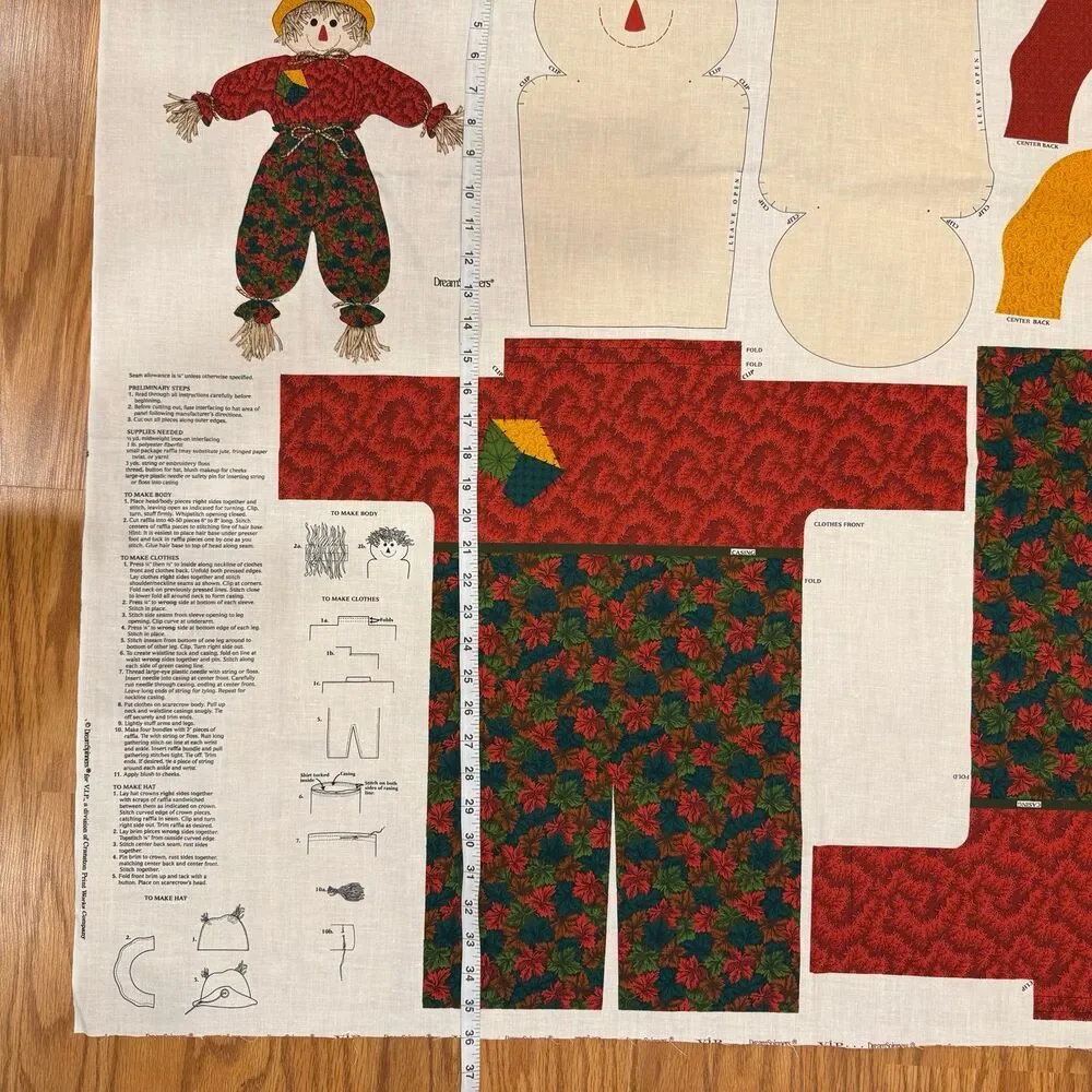 Vtg Scarecrow Rag Doll Cut & Sew Fall Fabric Panel Cranston Dream Spinners